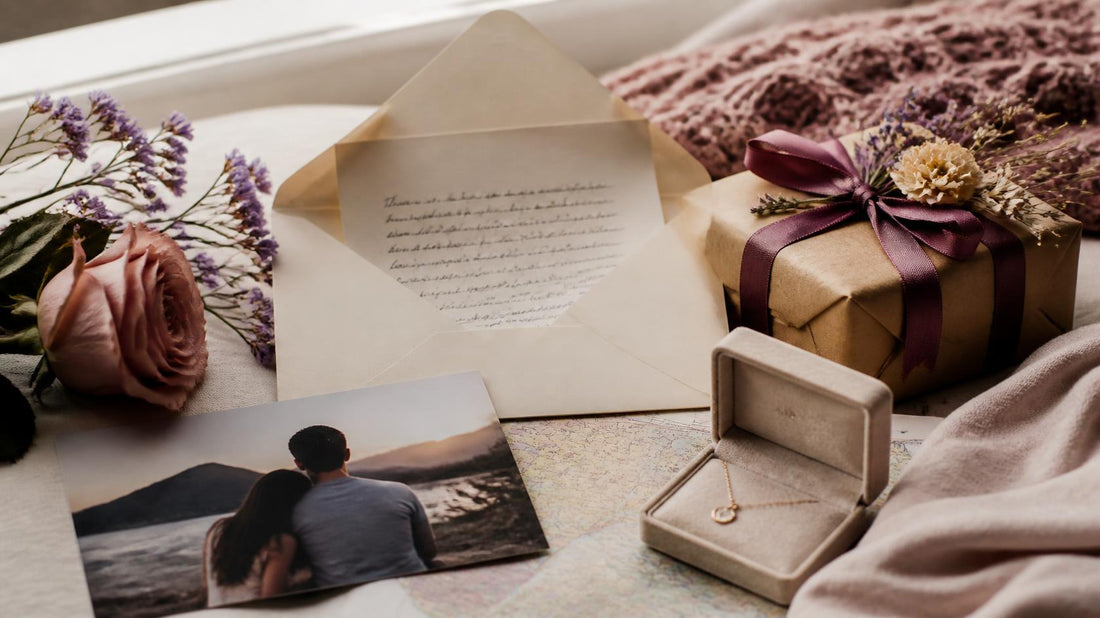 Thoughtful long-distance relationship anniversary gifts with a handwritten letter, printed couple photo, small wrapped present, and flowers.