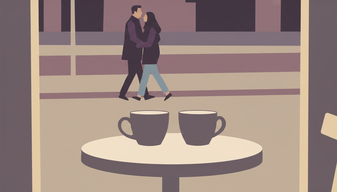 Two coffee cups on a table, one empty and one steaming, symbolizing jealousy and emotional distance after a breakup.