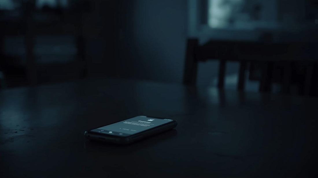 Smartphone with unread message notification glowing on a kitchen table at night, symbolizing communication anxiety in a long distance relationship