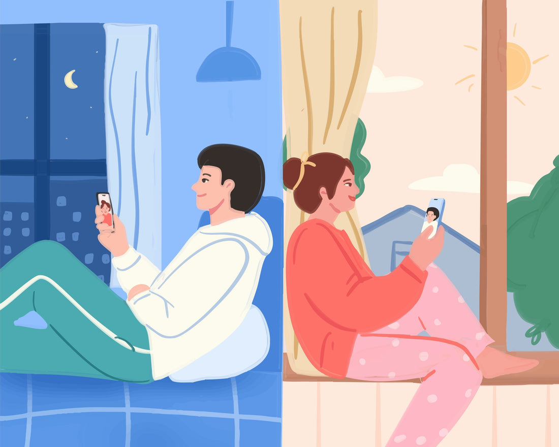 Long-distance couple staying connected through video calls and phone communication across different time zones