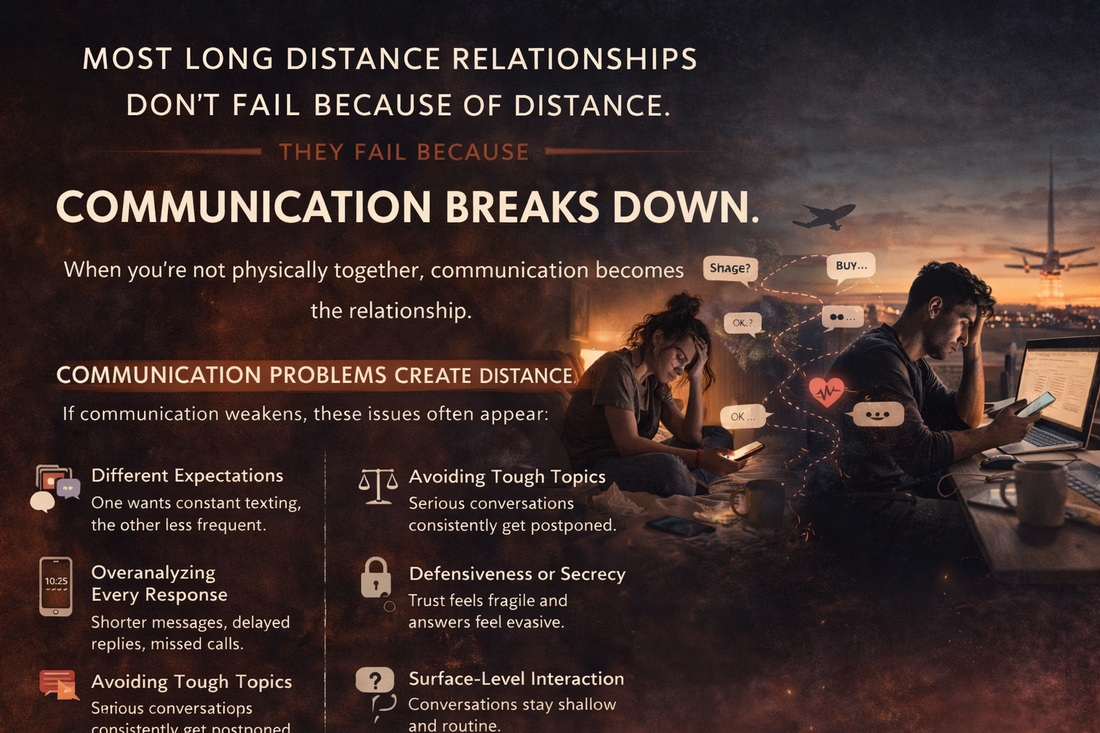 Infographic showing common long distance relationship communication problems such as mismatched expectations, overanalyzing messages, avoiding difficult conversations, and shallow communication.