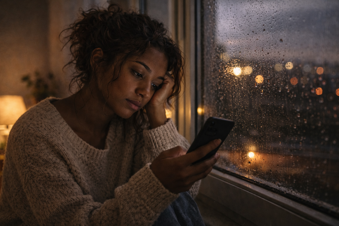 African American woman sitting by a rainy window at night looking at her phone and reflecting on her long distance relationship