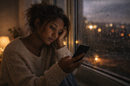 African American woman sitting by a rainy window at night looking at her phone and reflecting on her long distance relationship