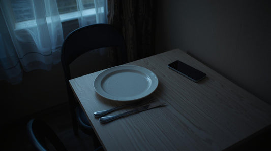 Dining table set for two with only one place used and phone on table, symbolizing emotional distance in a long distance relationship