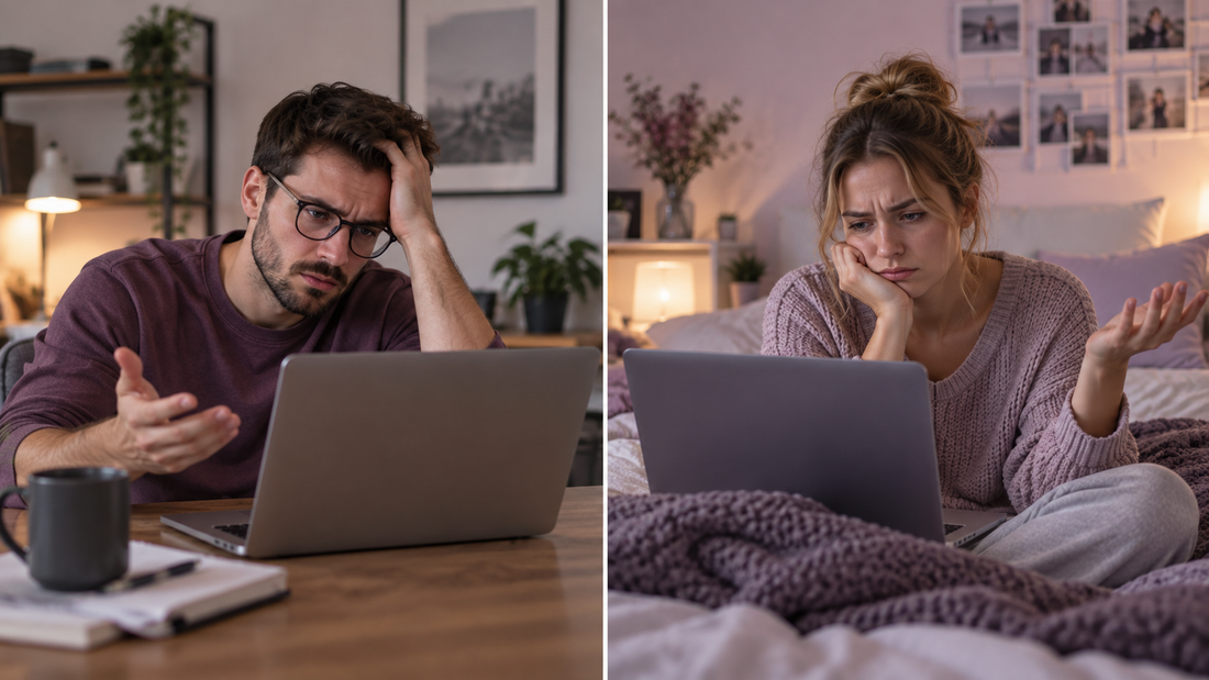 Long-distance couple arguing over a video call from separate homes, representing frequent conflict and communication problems in a long-distance relationship