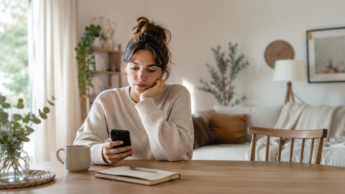 Woman sitting in a bright, calm home interior looking at her phone, suggesting the quiet loneliness of a long distance relationship without feeling overly sad.