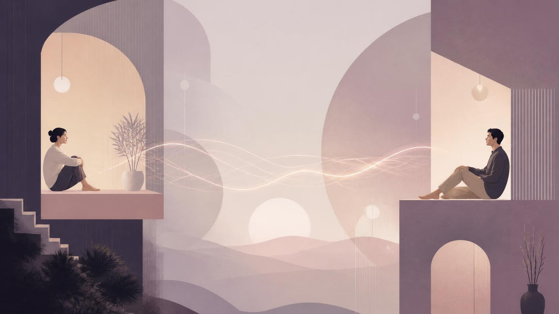 Flat illustration of two people in separate spaces connected by flowing geometric forms and soft light pathways, representing emotional connection and messages bridging distance in long distance relationships