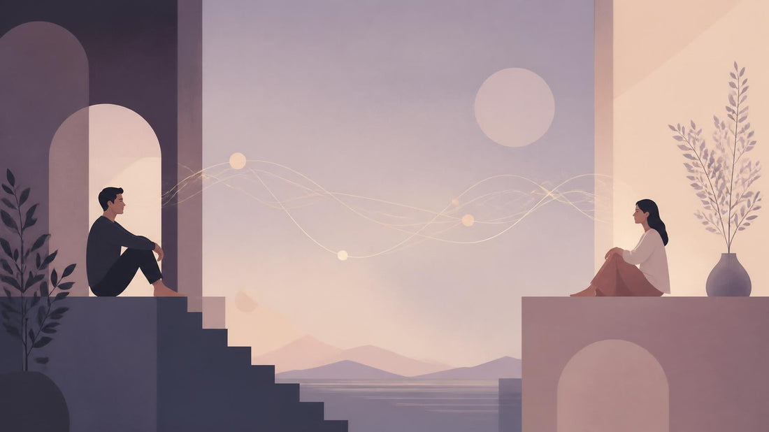  Flat illustration of two people in separate spaces connected by flowing geometric forms and soft light pathways, representing emotional connection and messages bridging distance in long distance relationships