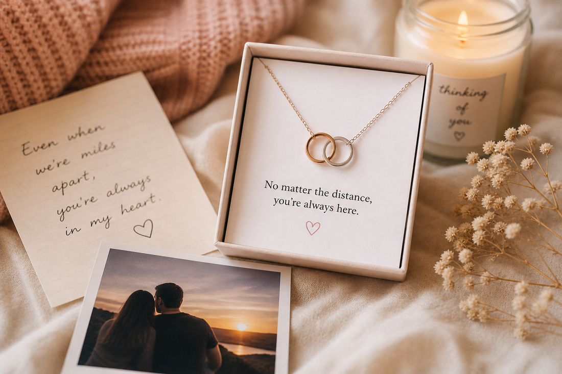 Romantic long distance relationship necklace in gift box with handwritten letter and photo, symbolizing connection and emotional presence across distance