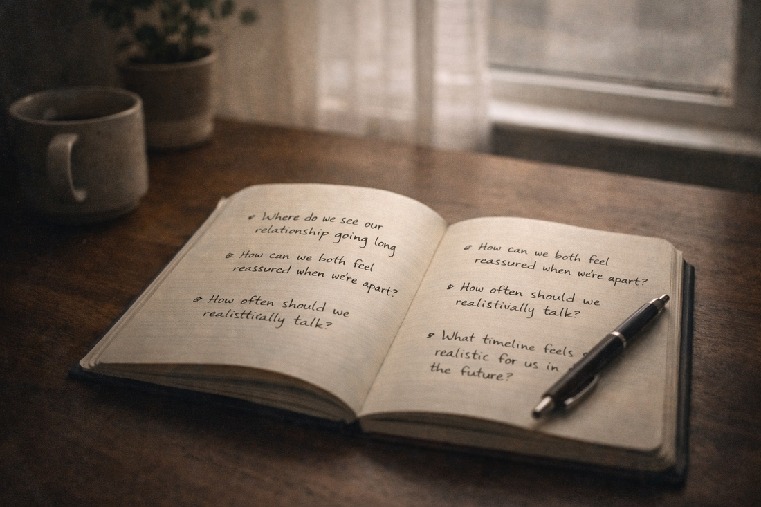 Open notebook with handwritten relationship questions beside a pen and coffee, symbolising reflection on the psychology of long-distance relationships.