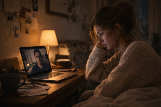 Woman looking tired during a late-night video call with her long distance partner after months apart