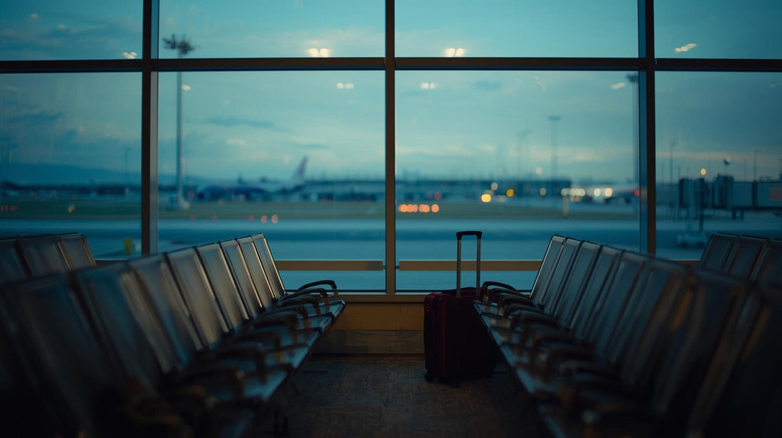 Empty airport departure gate with carry-on suitcase by a window at dusk, symbolizing uncertainty and commitment in a long distance relationship