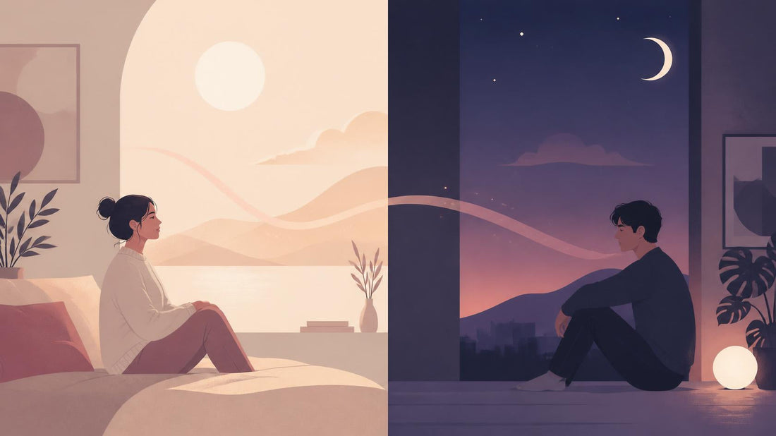 Flat illustration showing two people in separate spaces experiencing different times of day, one in bright daytime and one in nighttime, connected by gentle geometric elements representing time zone challenges in long distance relationships