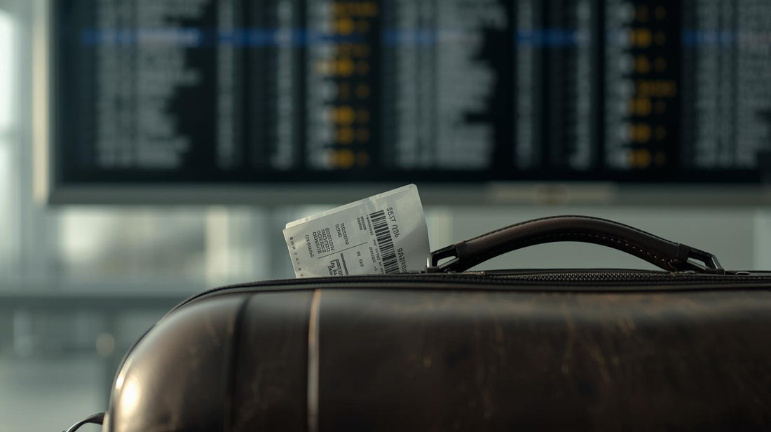 Airport departure board blurred in background with carry-on suitcase and boarding pass in foreground, symbolizing commitment and travel in a long distance relationship
