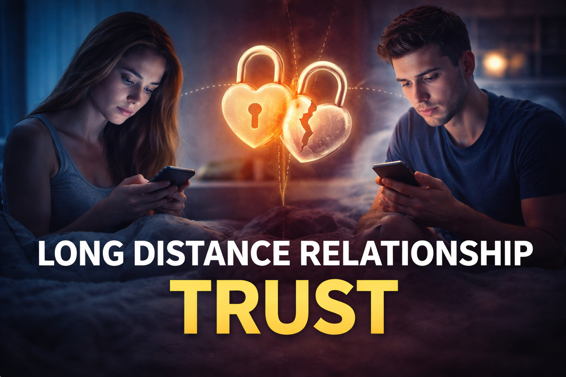 Long distance relationship trust issues showing couple communicating by phone while separated by distance