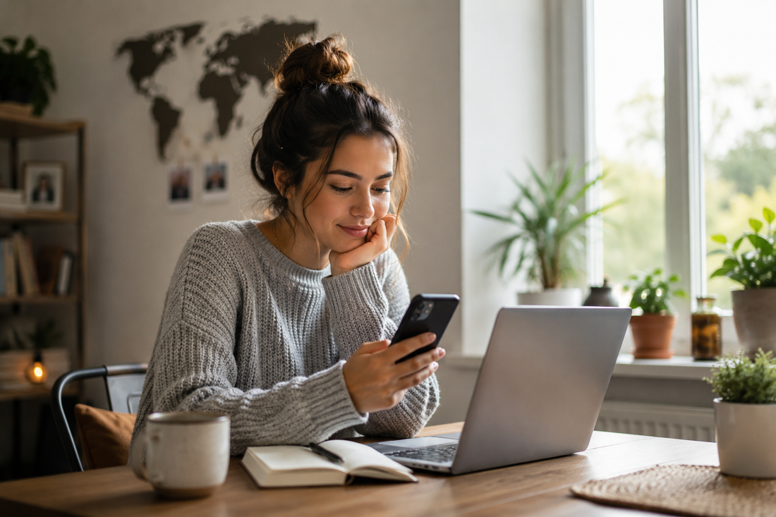 Woman sitting in a bright home office looking at her phone beside a laptop, suggesting trust, reassurance, and emotional connection in a long distance relationship.