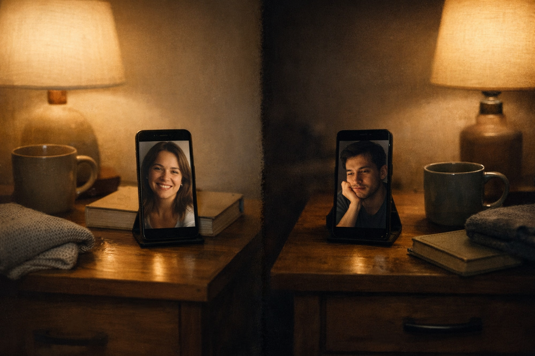 Alt text Two smartphones glowing during a late-night video call from separate bedside tables in different rooms, symbolizing emotional connection across distance in a long-distance relationship.