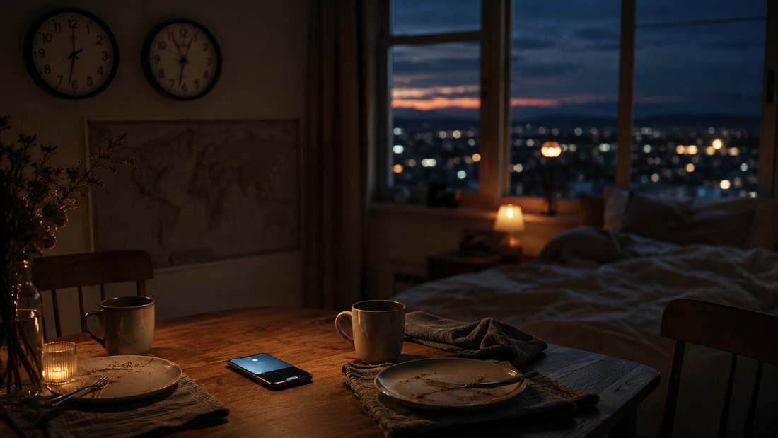 Two cups, an empty chair, and a glowing phone on a table at night, symbolizing distance and waiting in a long-distance relationship.