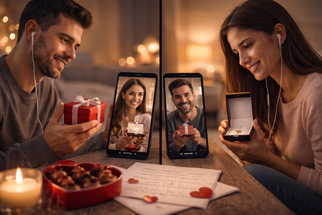 Long distance couple exchanging Valentine's gifts during video call from different locations