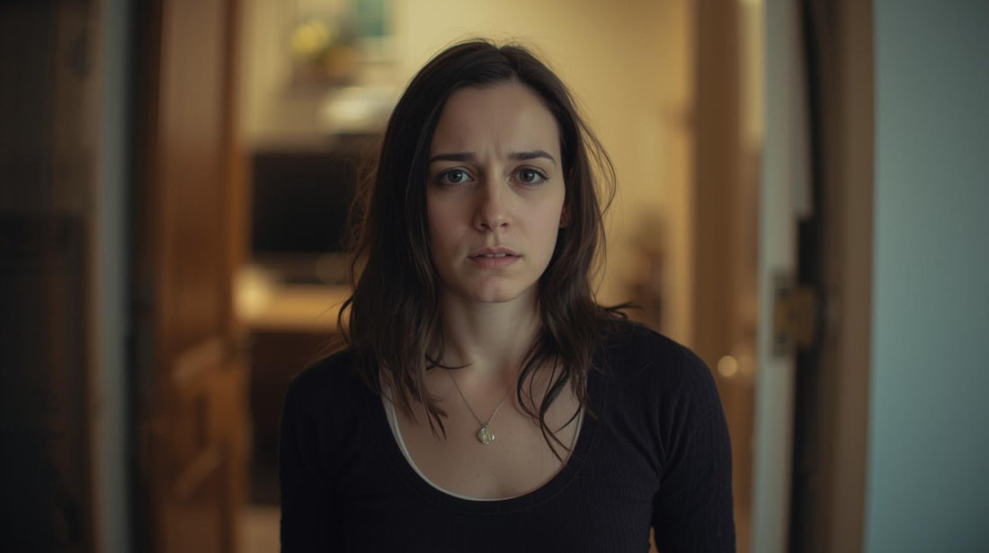 Woman standing quietly in her apartment, unsure of herself inside the relationship.