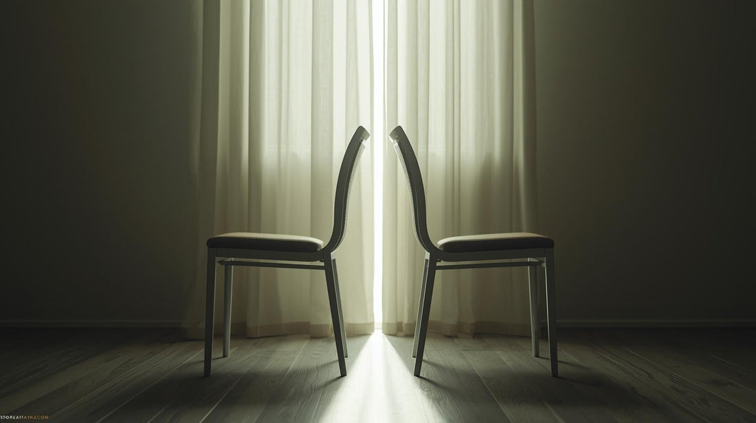Two chairs placed close together but angled slightly apart in soft natural light, representing emotional closeness with guarded distance in love avoidance