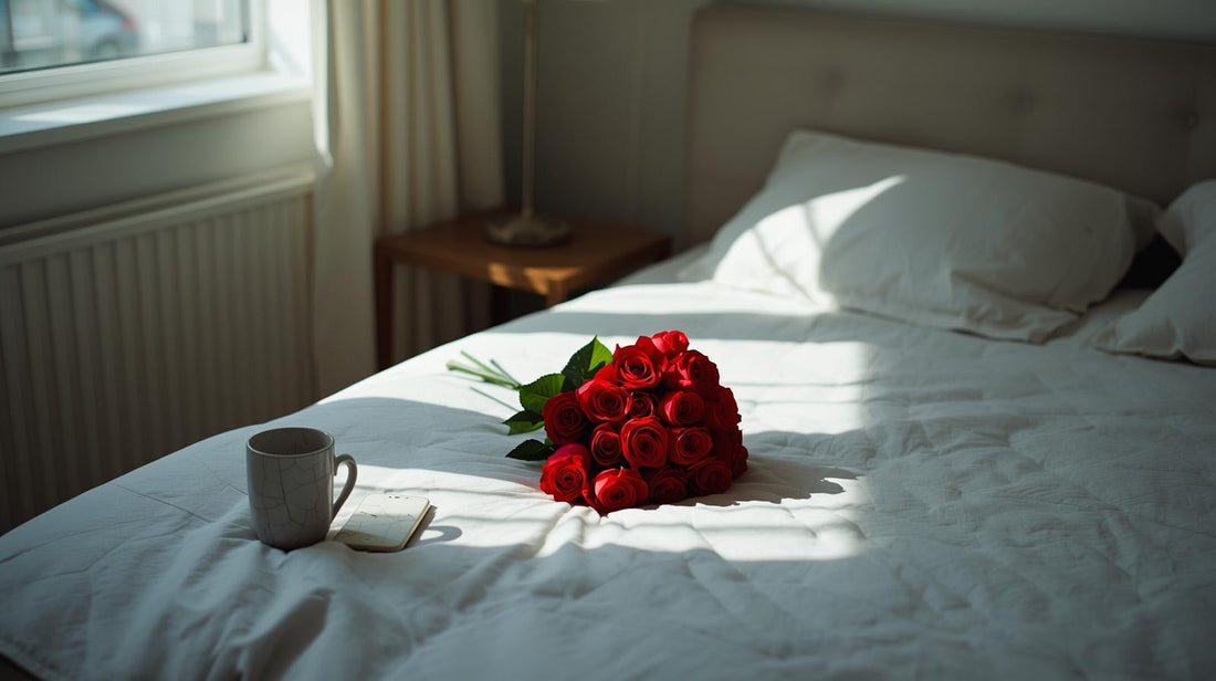 Minimal bedroom with bright red roses placed on an unmade bed beside a cracked mug, symbolizing sudden affection after emotional conflict