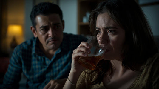 Husband watching wife drink with concern