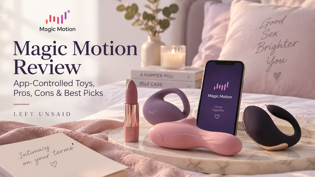 Magic Motion app-controlled sex toys displayed in a soft bedroom setting, featuring lipstick, wearable and dual-stimulation designs beside a smartphone showing the Magic Motion app.