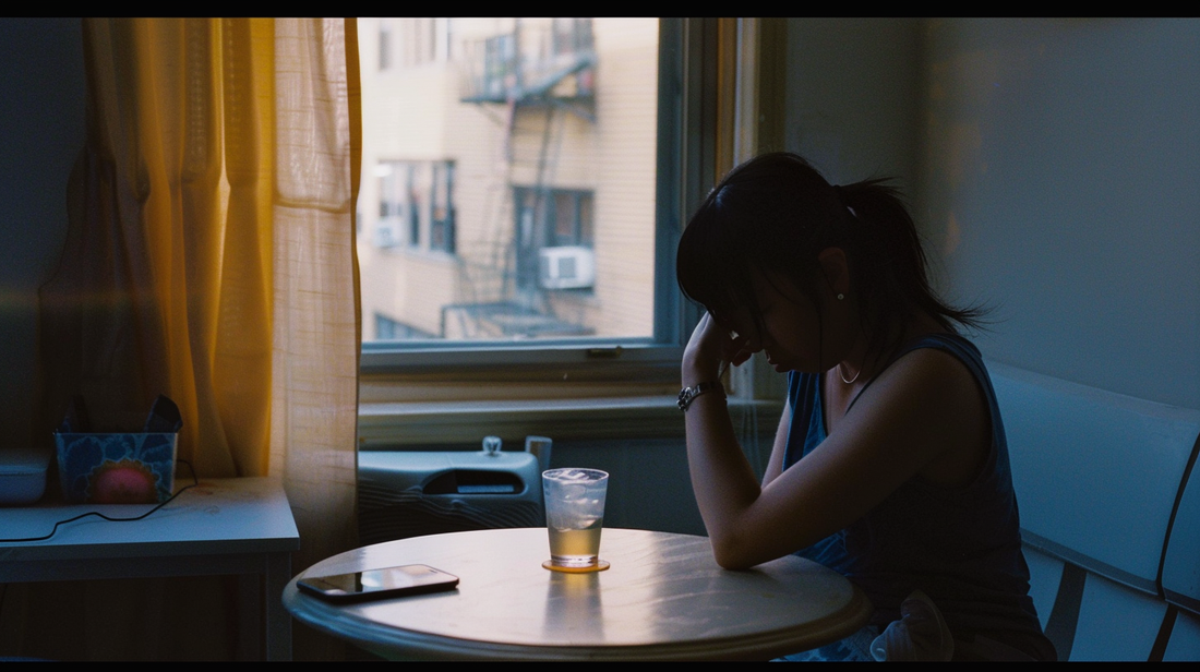 Person sitting alone at a table in fading evening light, phone turned face down, quietly holding back a larger story.