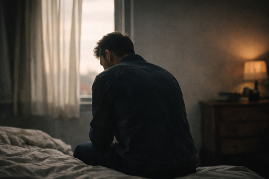 Man sitting on bed heartbroken after breakup