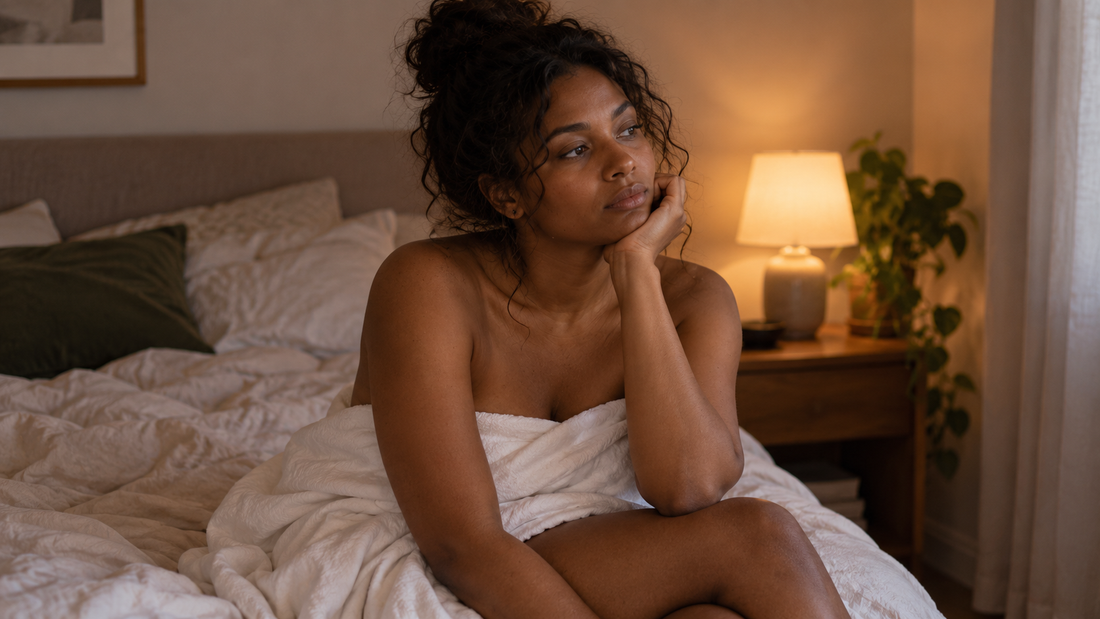 Black woman sitting alone in bed after a breakup, representing solo intimacy, masturbation and reconnecting with physical pleasure after a relationship ends