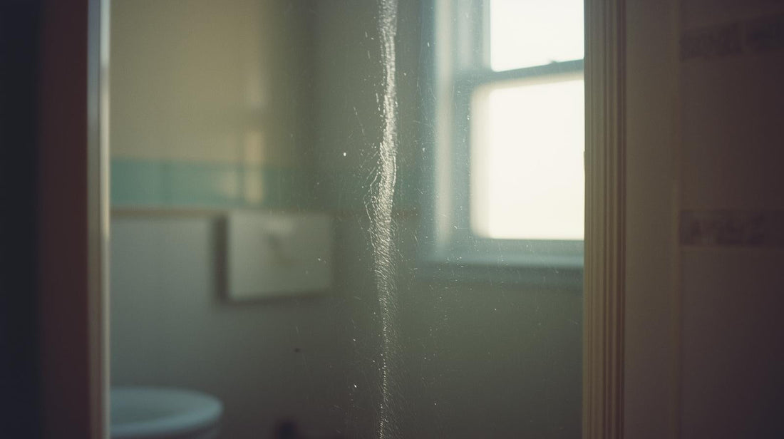 Bathroom mirror with a single streak through condensation in soft morning light, symbolizing replayed hurt and unfinished emotional conversations