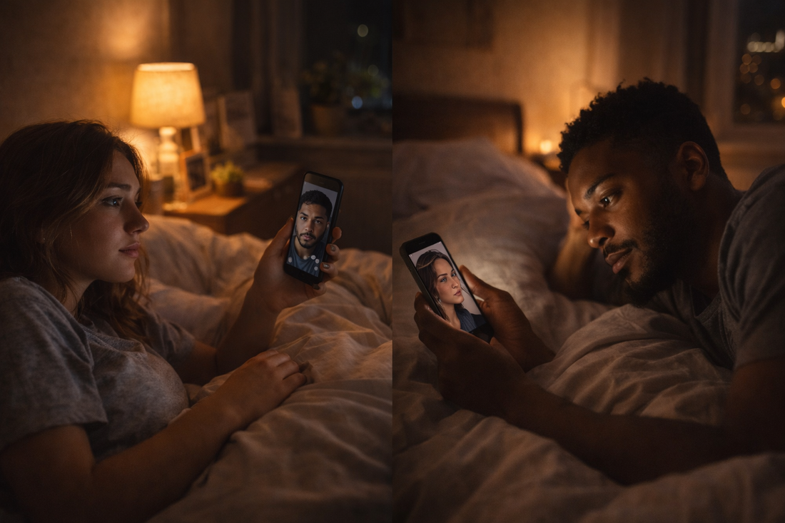 Couple in separate bedrooms at night looking at each other through a phone video call in a long distance relationship