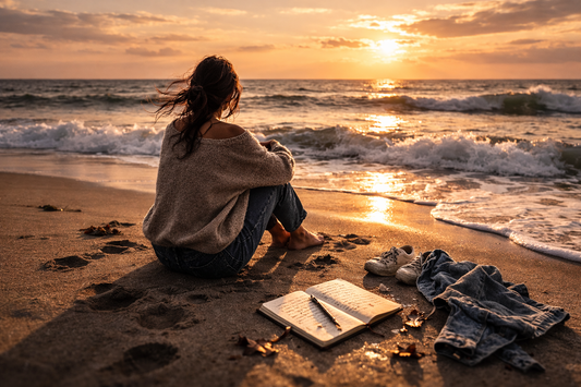 Person sitting alone on a beach at sunset looking toward the ocean, symbolizing emotional waves and longing after a breakup.