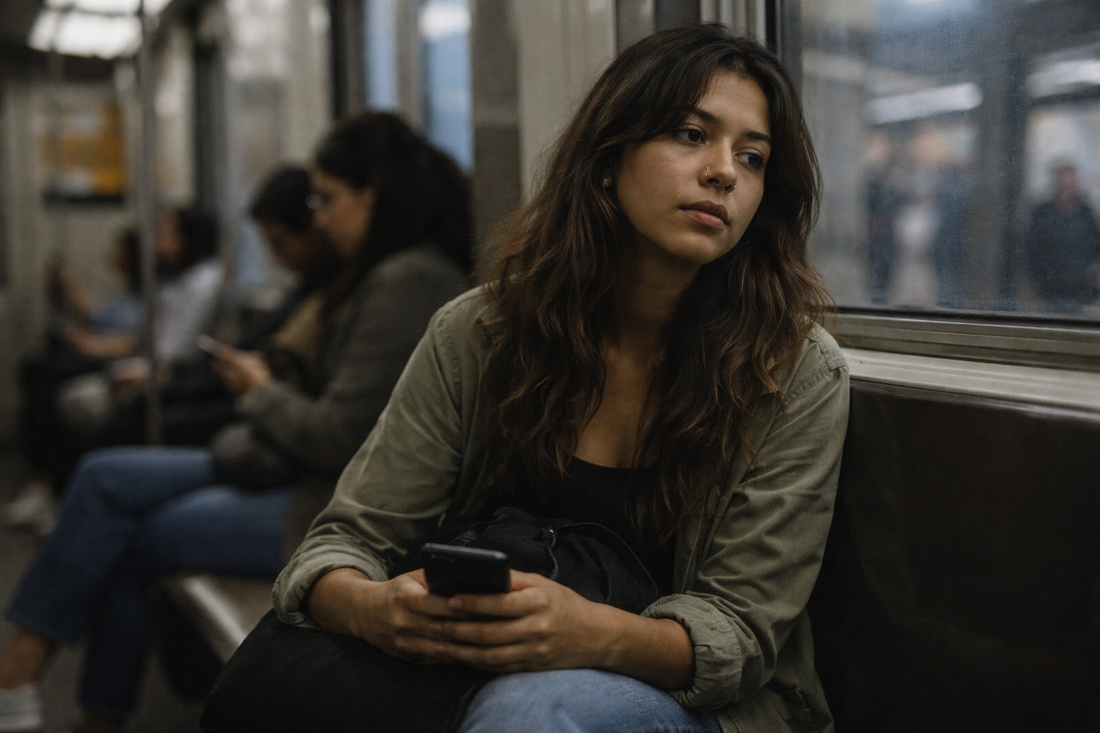 Young South American woman sitting on public transport holding her phone, gazing away while other passengers blur into the background.