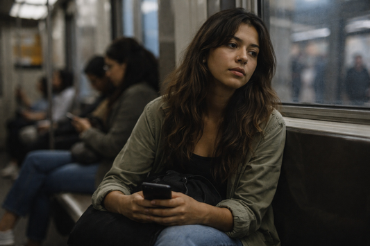 Young South American woman sitting on public transport holding her phone, gazing away while other passengers blur into the background.