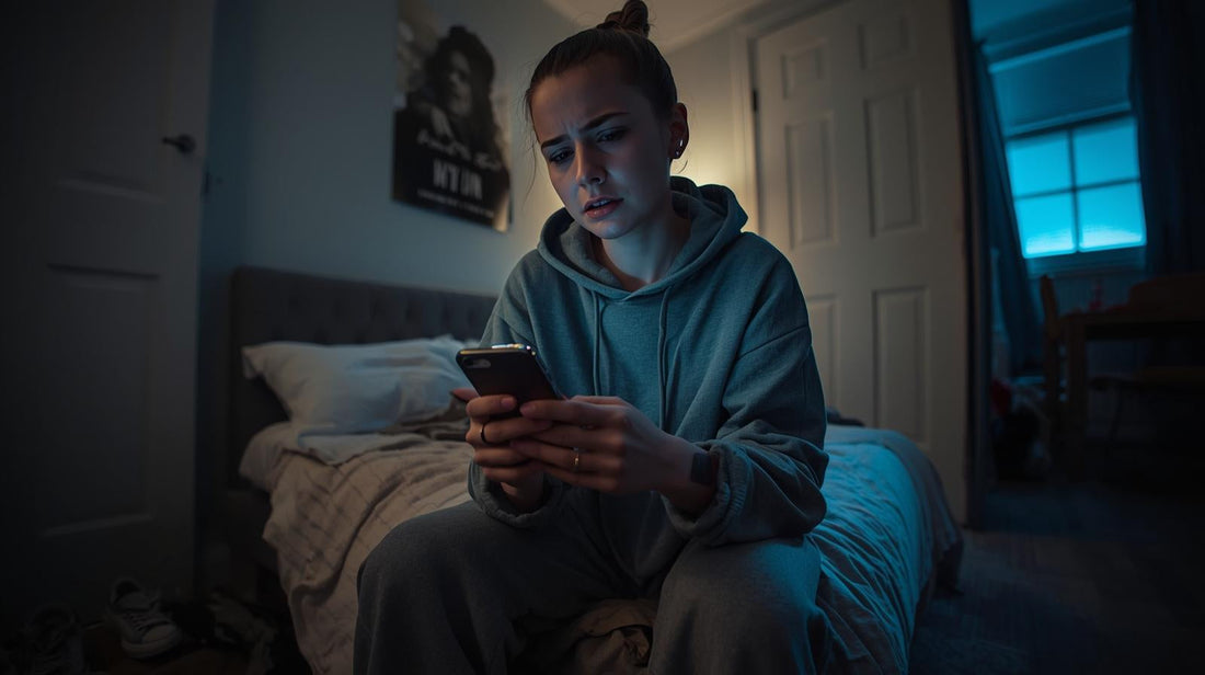 Pierced young woman sitting on bed at night holding her phone, hesitating before sending a missing you text