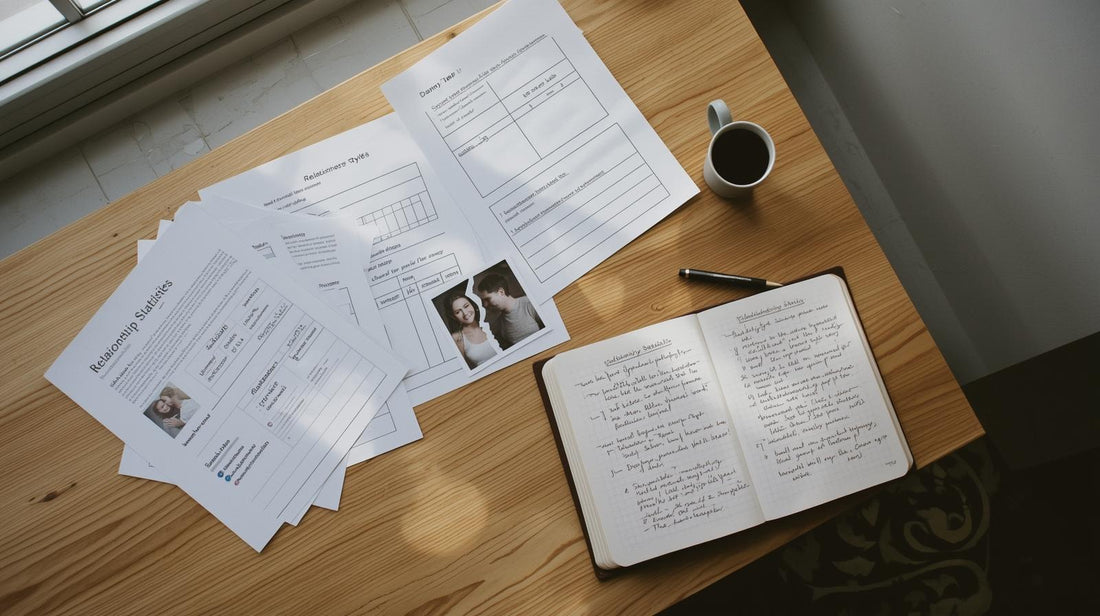Editorial research desk representing healthy relationship statistics, communication, attachment, conflict, and long-term relationship satisfaction