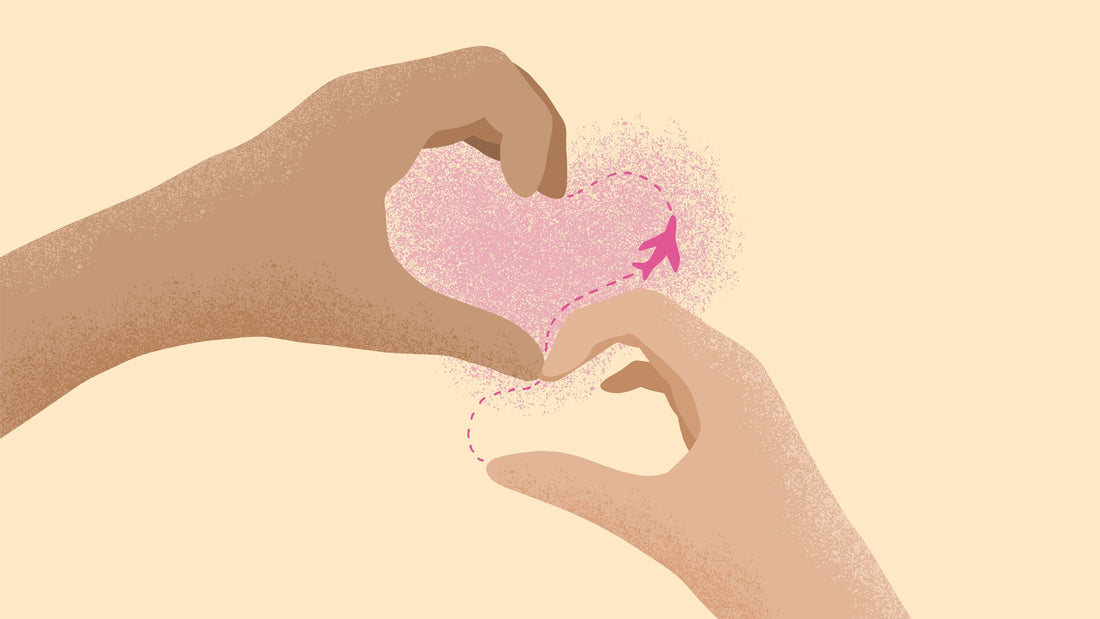 Illustration of two hands forming a heart around an airplane, symbolizing love and connection when a partner moves away.