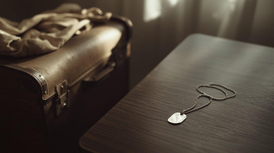 Packed suitcase beside a small necklace on a bedside table in soft natural light symbolizing moving away gift