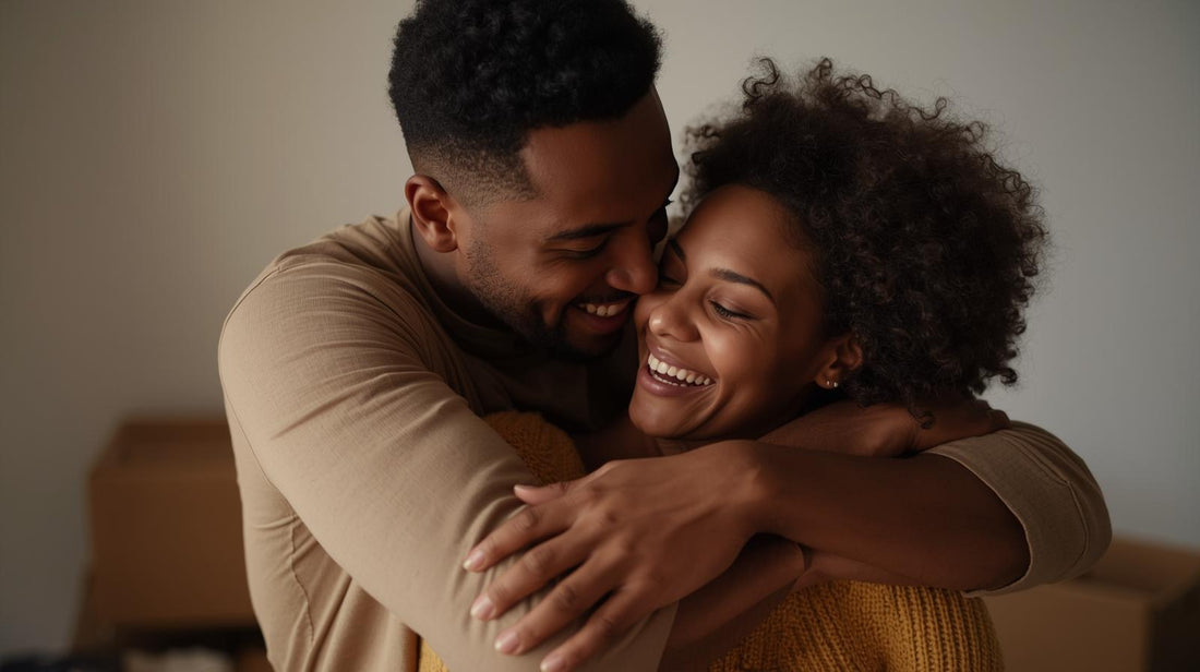 couple embracing after long distance relationship as they begin living together