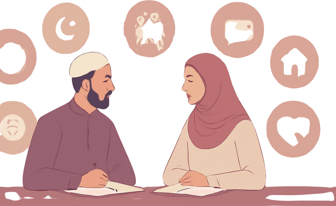Muslim couple discussing marriage readiness at a table with notebooks, faith, family, and communication icons