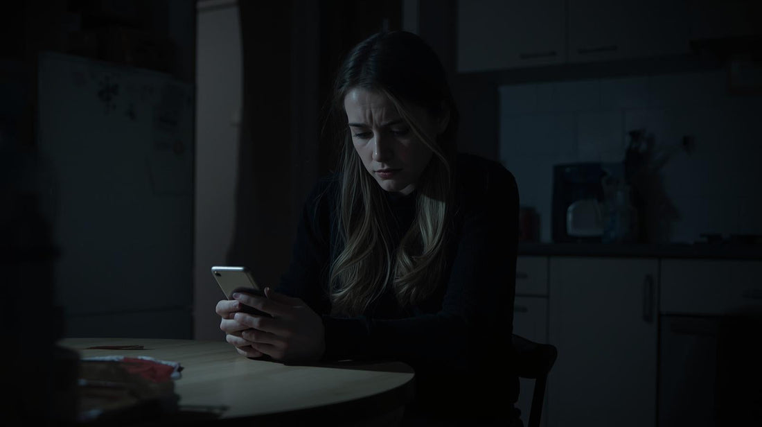 woman sitting in the kitchen at night with her phone missing her long distant partner