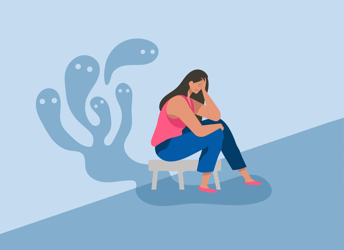 Illustration of a distressed woman surrounded by threatening shadows, representing fear, confusion, and emotional harm in narcissistic abuse.