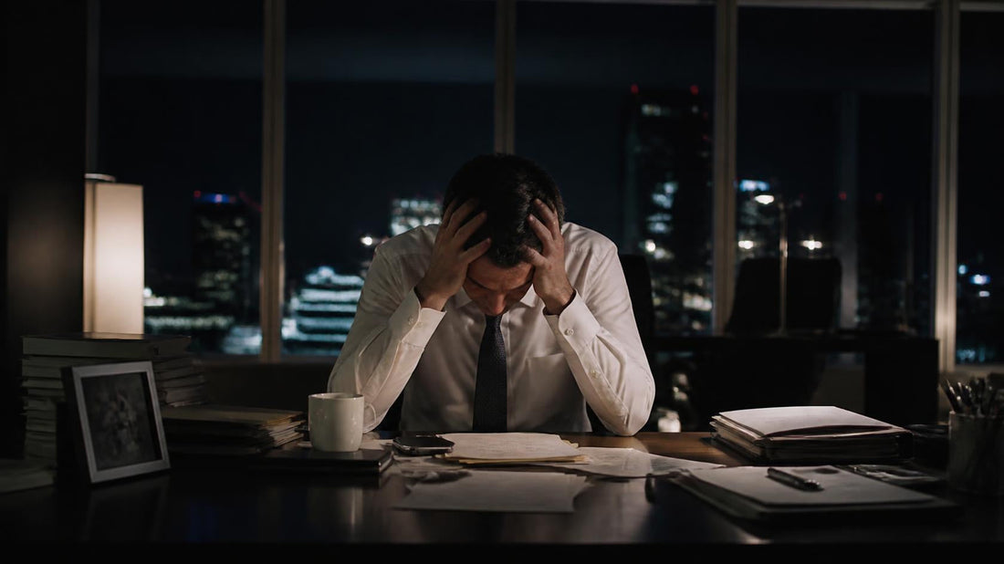 Distressed middle-aged businessman sits alone at an office desk after hours with his head in his hands, city lights glowing through the windows.
