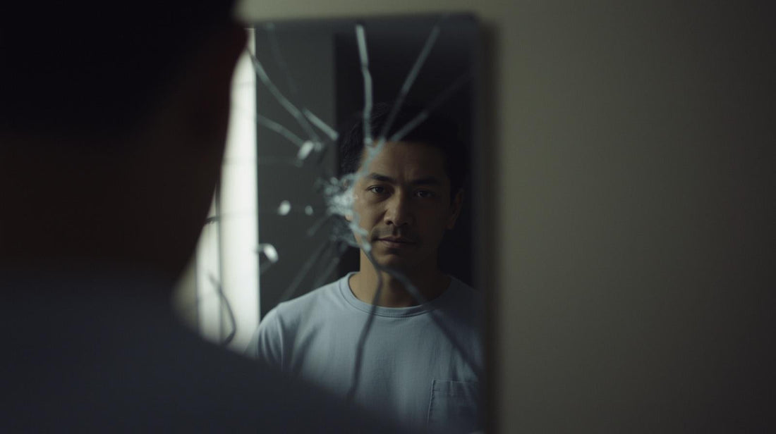 cracked bathroom mirror splitting a man's reflection symbolizing narcissistic injury and threatened self-image