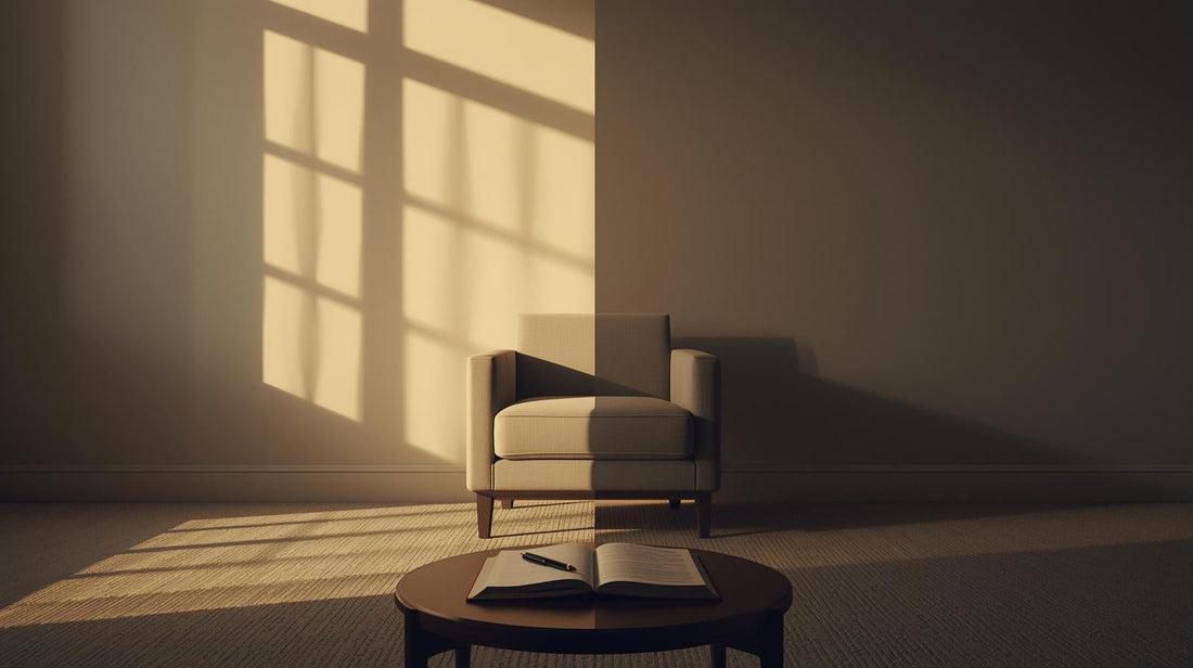 Armchair positioned between light and shadow in a living room, symbolizing emotional confusion and split realities in a narcissistic marriage
