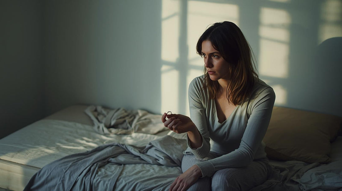 Woman sitting on edge of bed in early morning light holding her wedding ring loosely, reflecting quiet emotional exhaustion and trauma bond in a narcissistic marriage