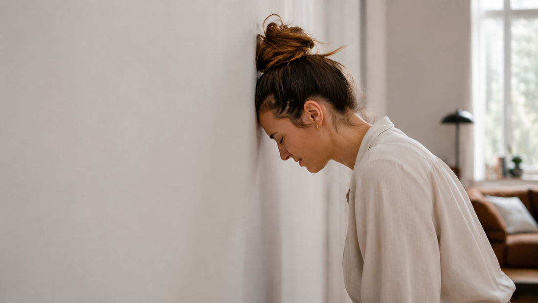 Woman gently pressing her forehead against a wall in frustration, symbolizing the emotional exhaustion and circular arguments often experienced in narcissistic relationships.