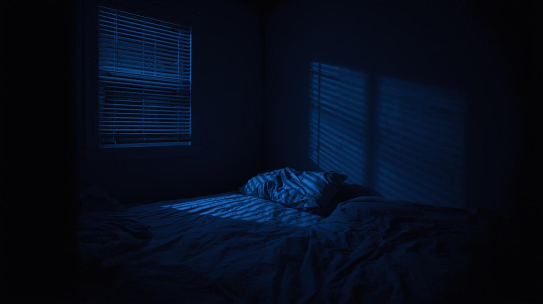 Dim bedroom at night with streetlight through blinds and slight bed indentation, symbolizing intensified feelings after dark